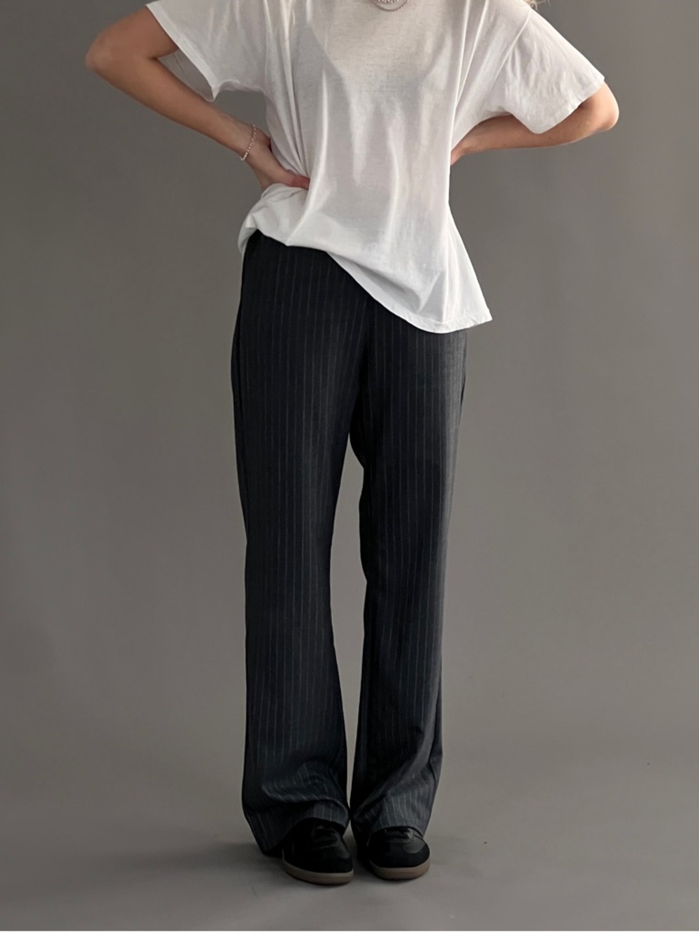 A Bronze Age Street Pants - wool blend grey pinstripe